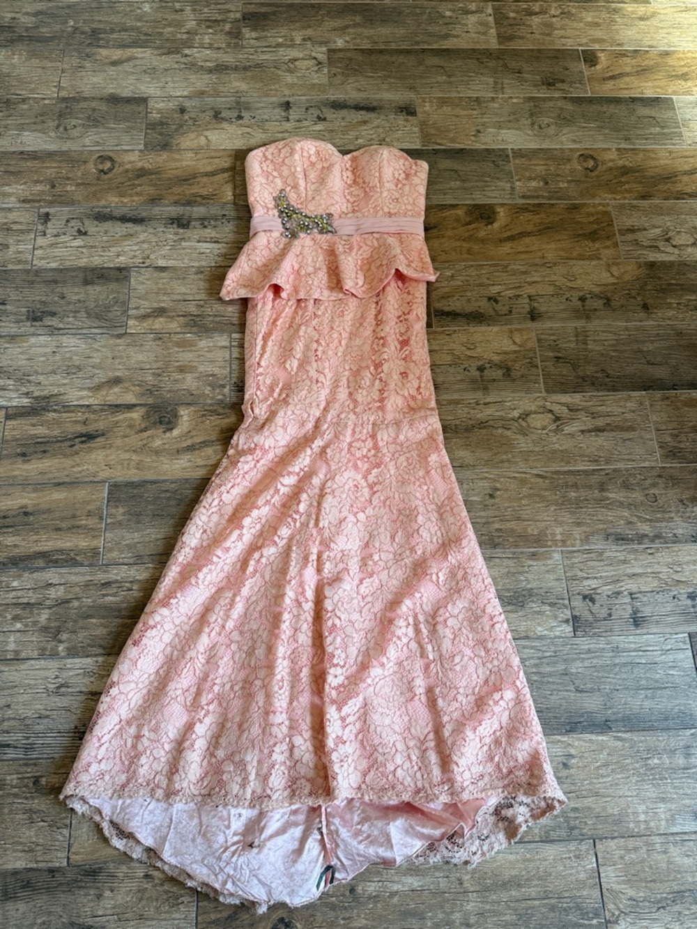 Camille La Vie Strapless Pink Lace Prom Dress with Beaded Accent